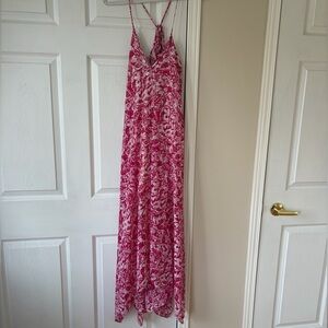 Sheer Pink Floral Maxi Dress with Spaghetti Straps Open Back